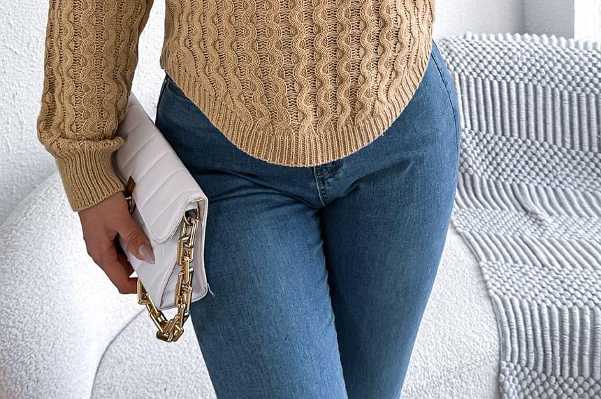 Crew Neck Plain Cable Knit Sweater Product Image