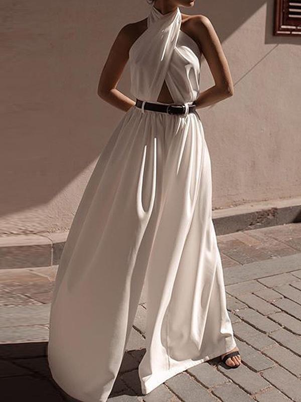 High Waisted Loose Backless Hollow Pleated Solid Color Split-Joint Halter-Neck Jumpsuits Product Image