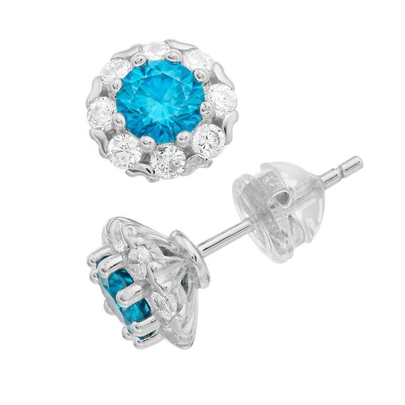 Stella Valentino Sterling Silver Lab Created Moissanite & Blue Topaz Round Halo Stud Earrings, Womens Product Image