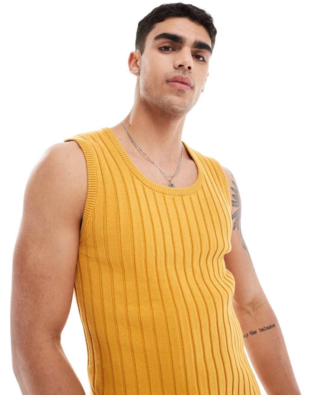 ASOS DESIGN muscle lightweight knitted rib tank top in mustard Product Image