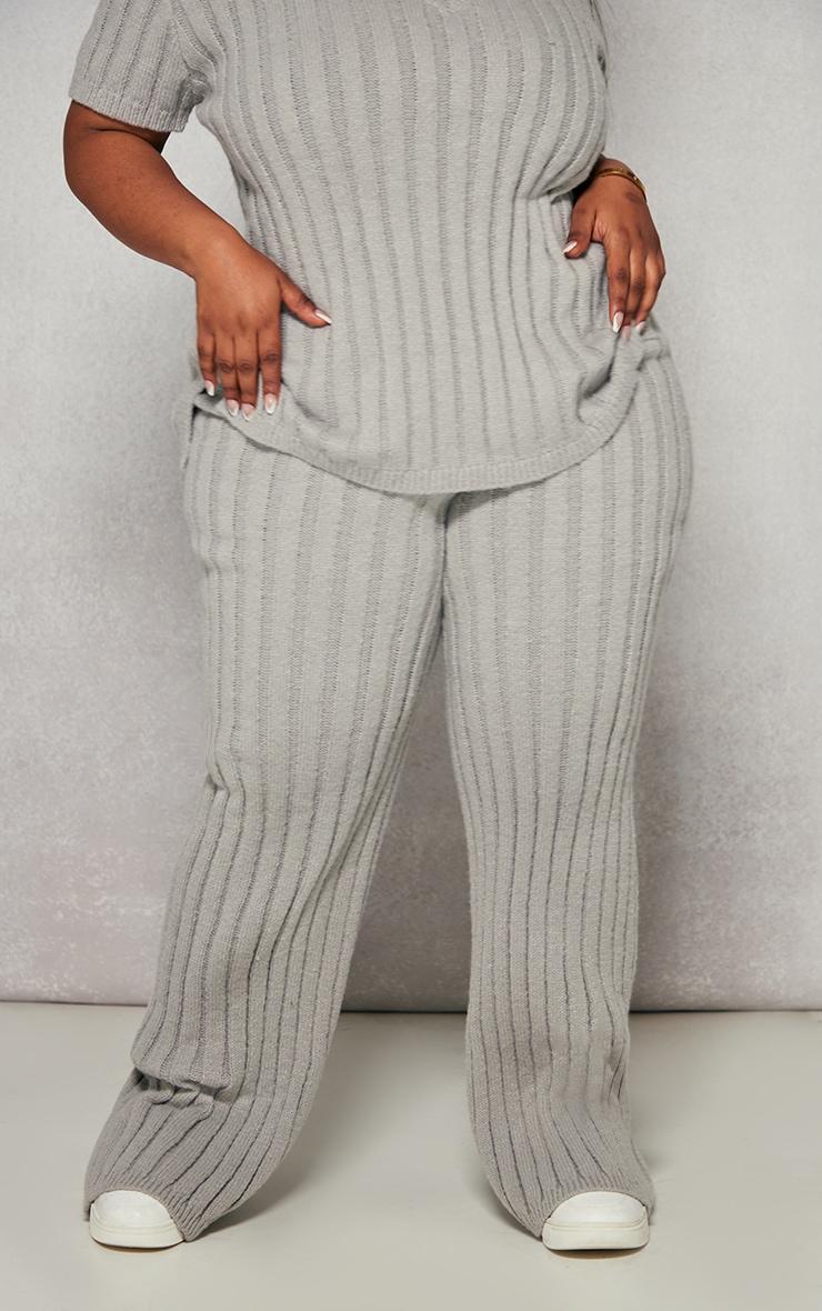 Plus Grey Brushed Rib Knit Wide Leg Pants Product Image