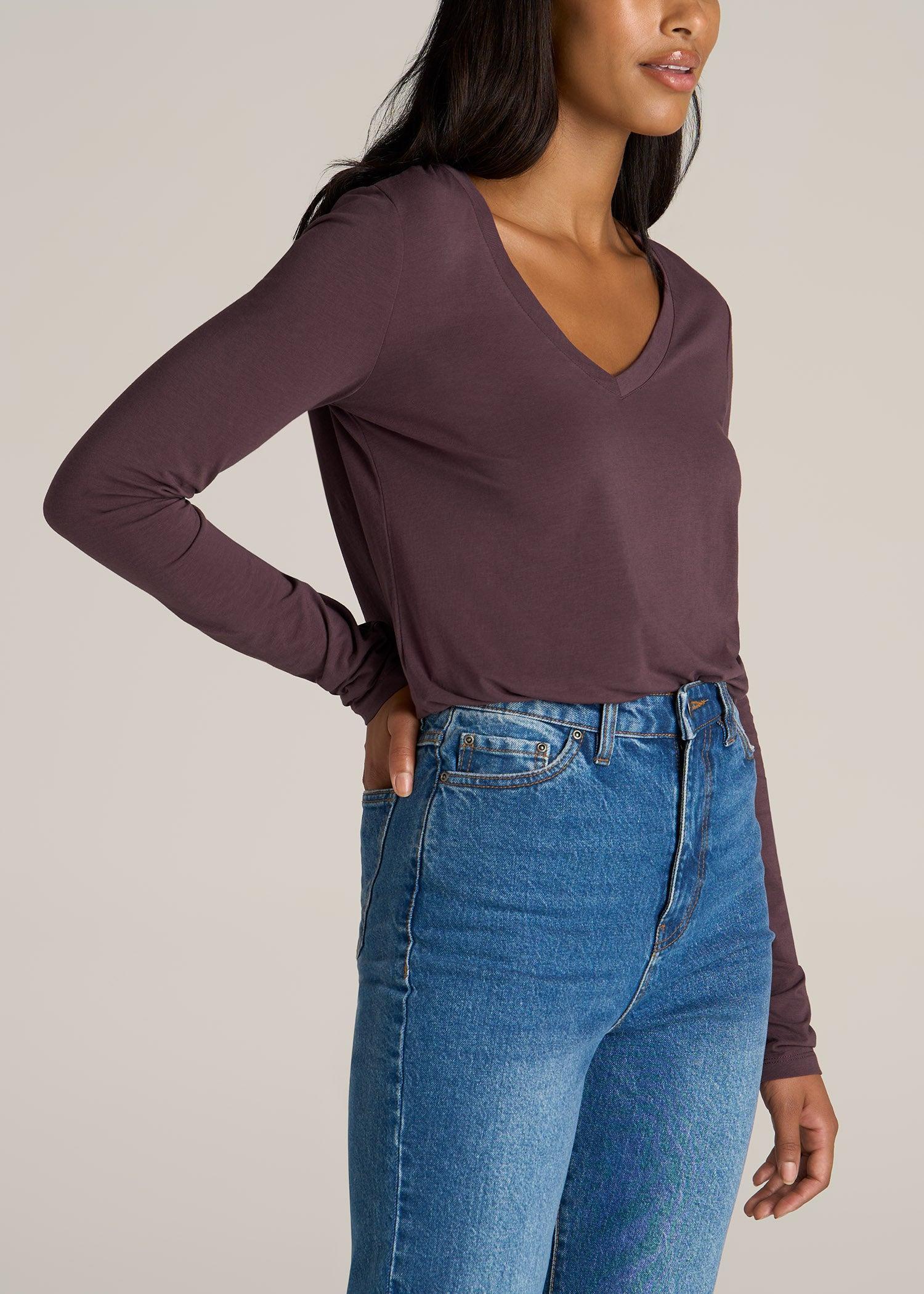 Long Sleeve Scoop V-Neck Tee Shirt for Tall Women in Merlot Product Image