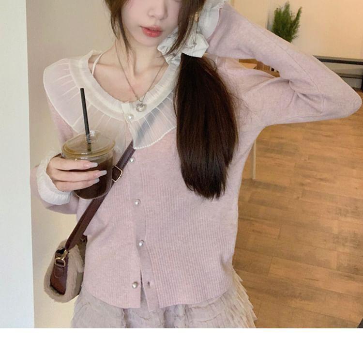 V-Neck Ruffle Trim Faux Pearl Button Cardigan Product Image