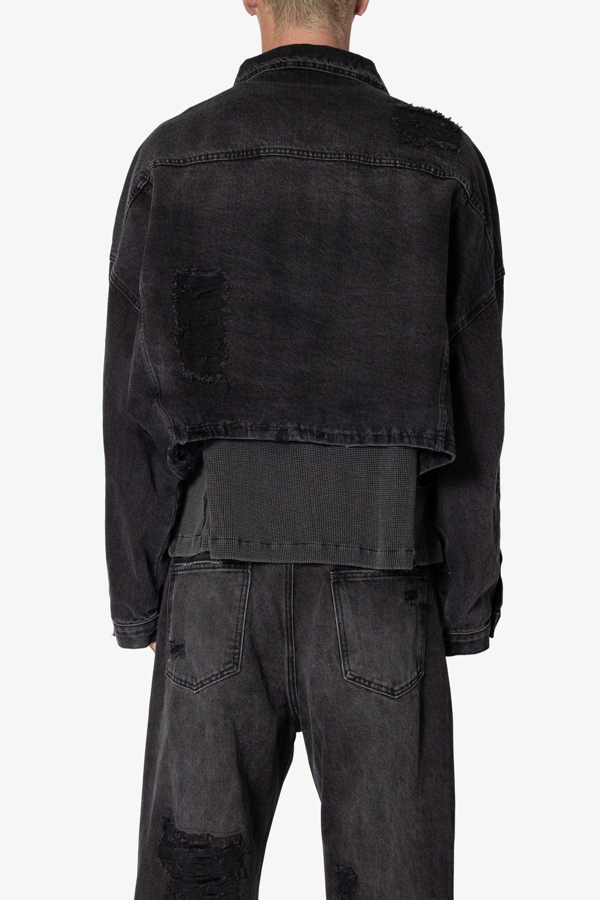 Oversized Cropped Ripped Denim Jacket - Washed Black Product Image