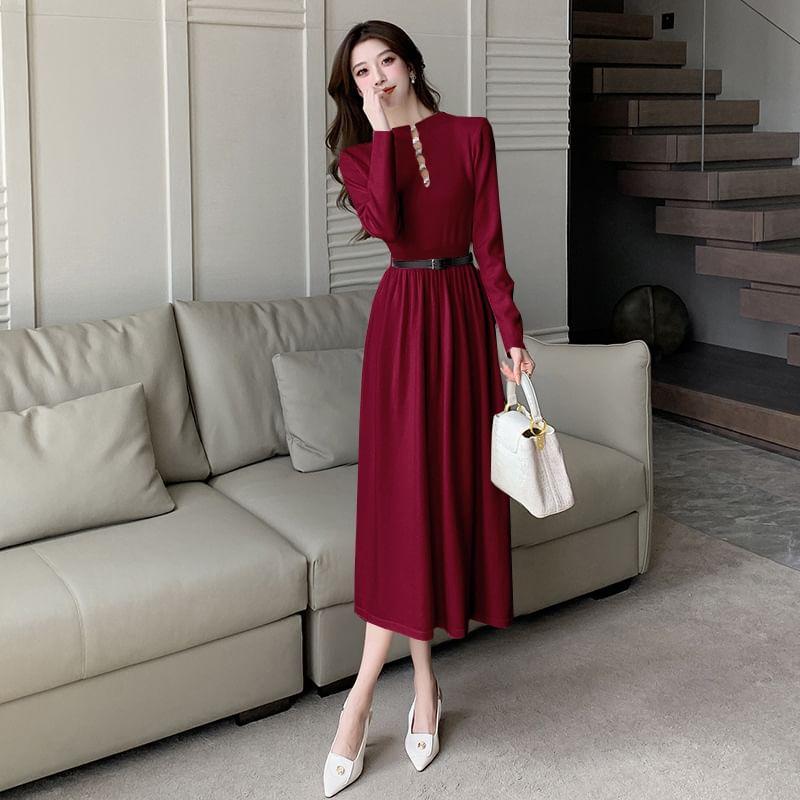 Long-Sleeve Mock Neck Cutout Plain Midi A-Line Dress Product Image