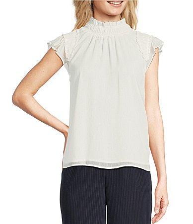 Calvin Klein Womens Smocked Mock Neck Flutter-Sleeve Blouse Product Image