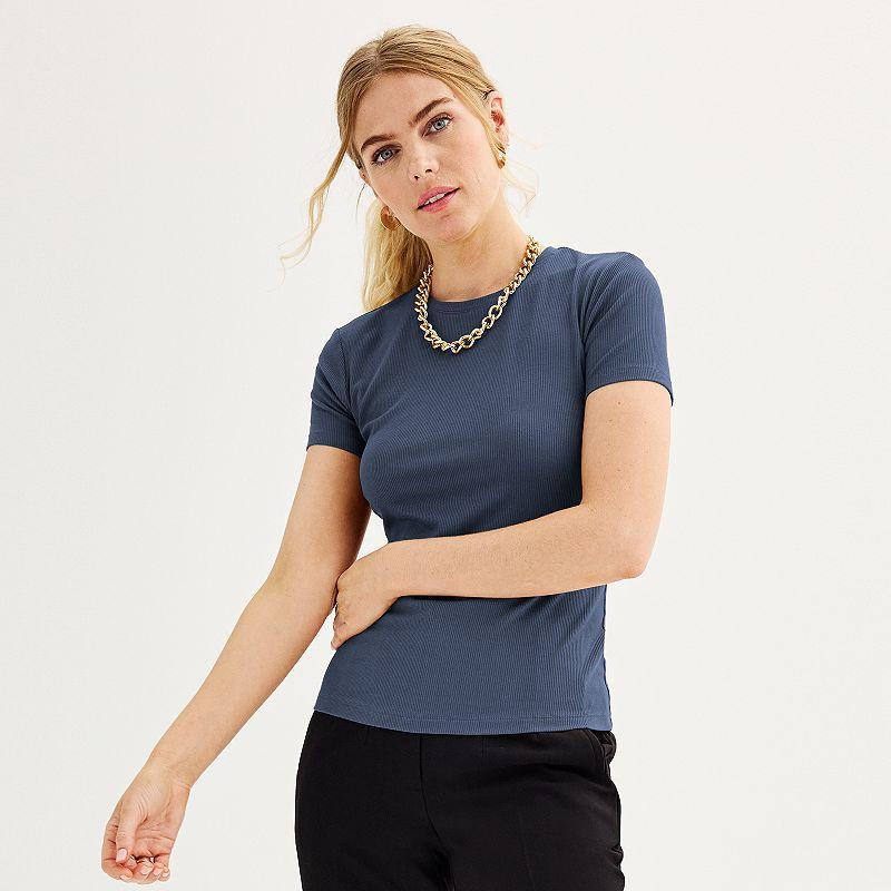 Womens Nine West Fitted Ribbed Crewneck Top Product Image