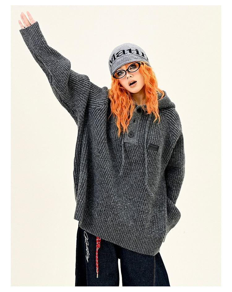 Drawstring Hooded Plain Oversizer Sweater Product Image