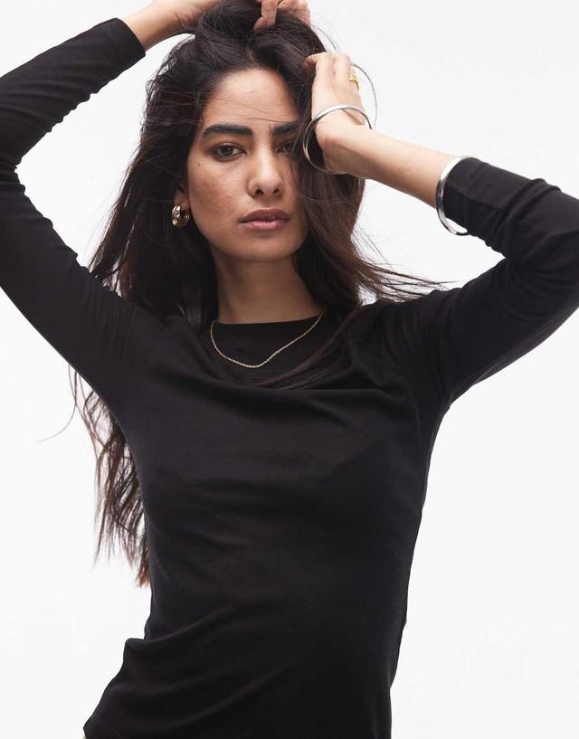 Topshop premium sheer crew neck long sleeve top in black Product Image