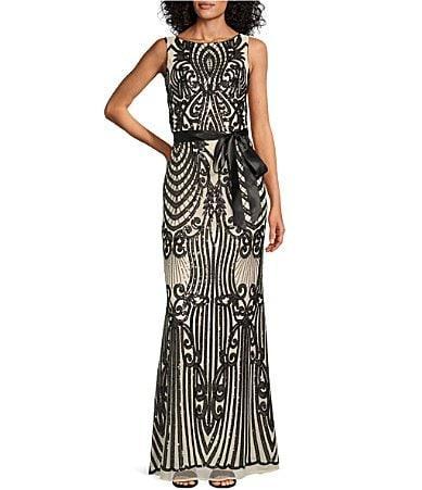 R  M Richards Mesh Sleeveless Boat Neck Self Tie Belt Embellished Sequin Pattern Gown Product Image