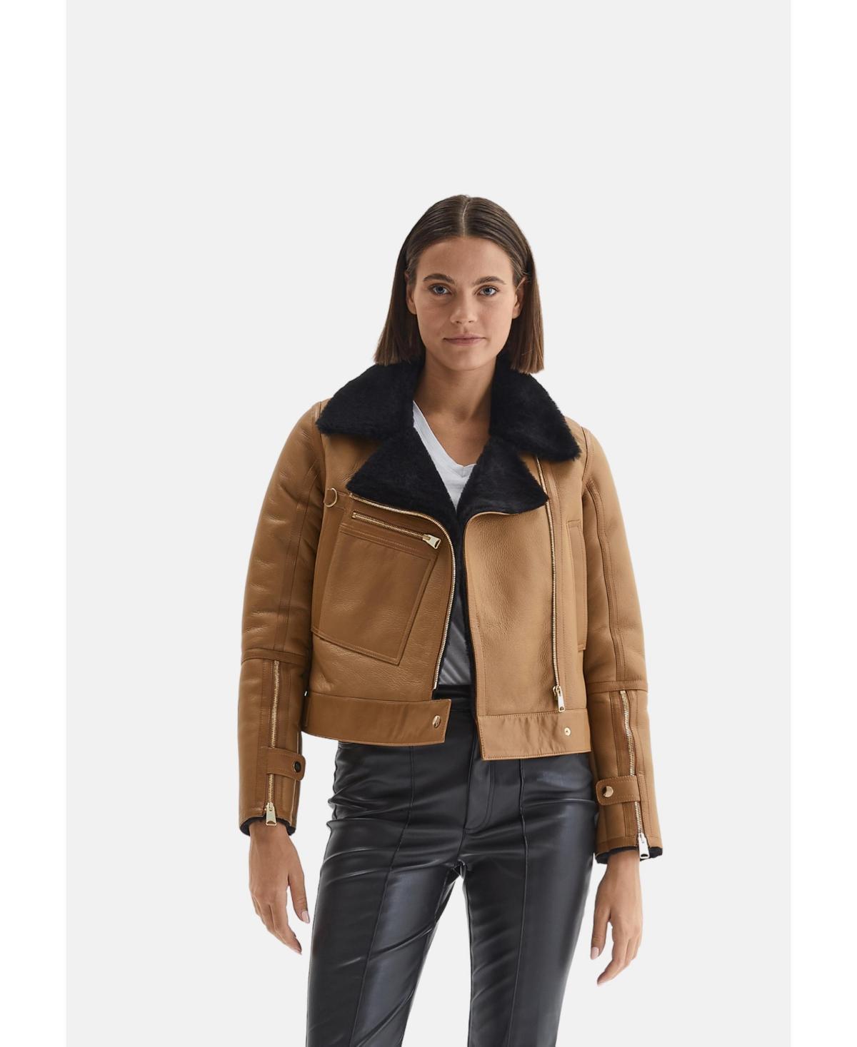 Womens Shearling Jacket, Silky Tan With Black Wool Product Image