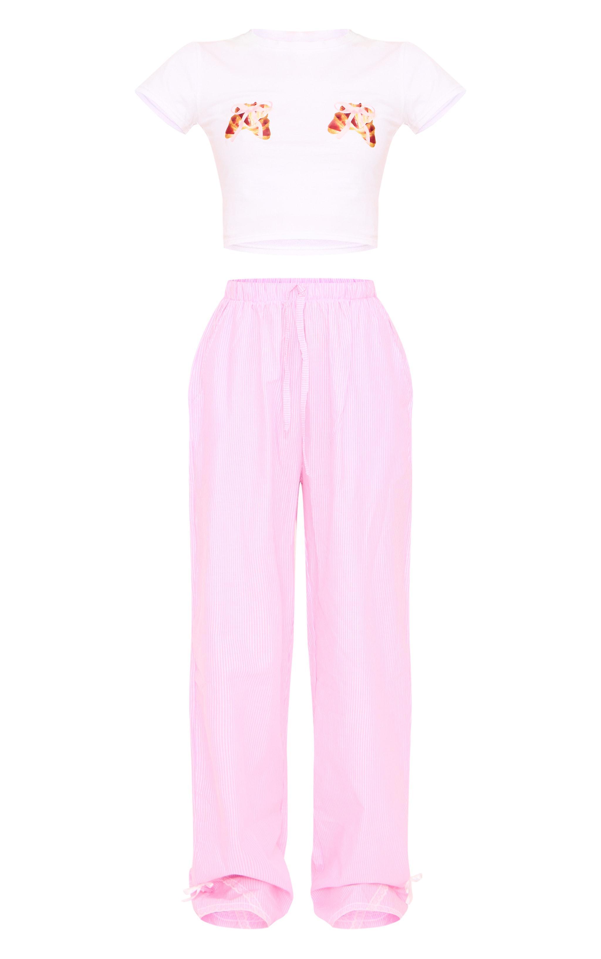 Pink Stripe Croissant Bow Long Pant Lace Detail Set Product Image