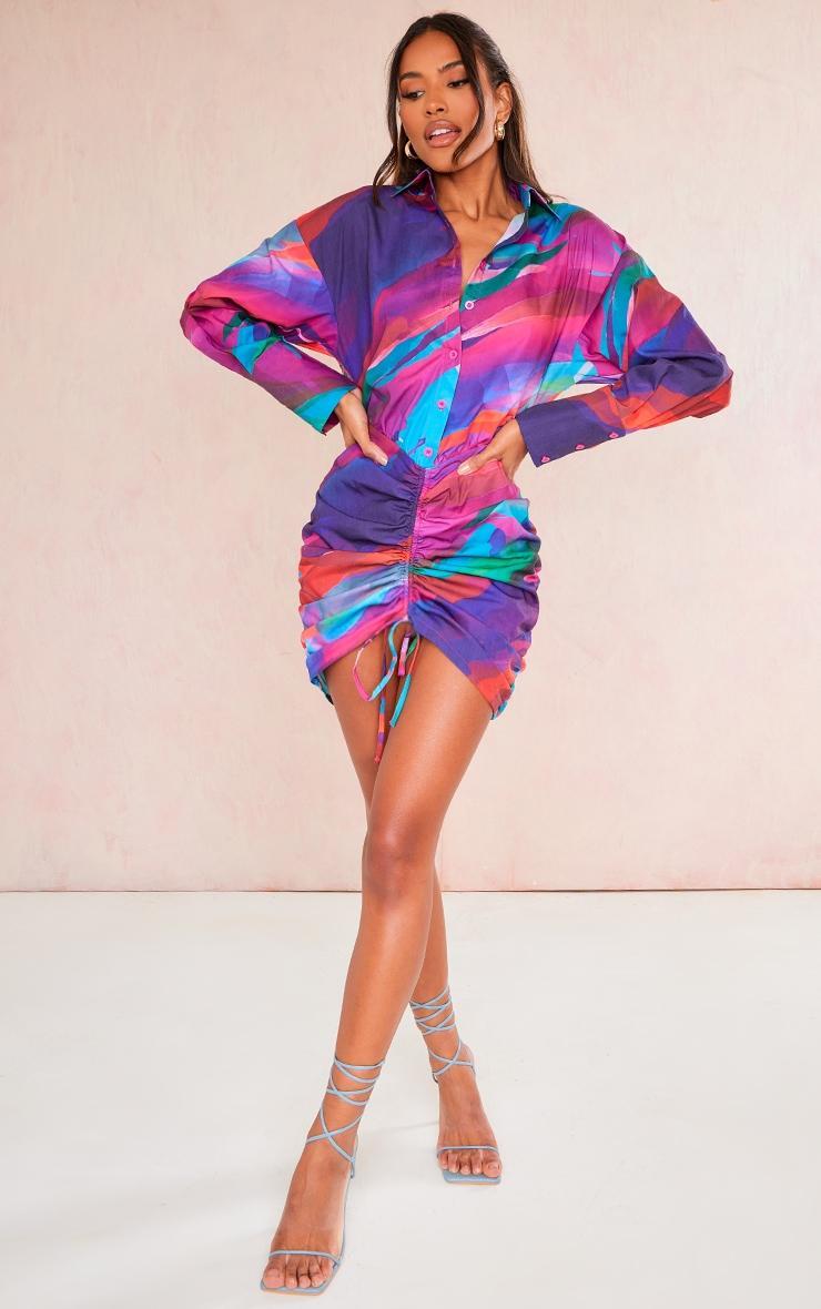 Multi Abstract Print Oversized Shirt Ruched Bodycon Dress Product Image