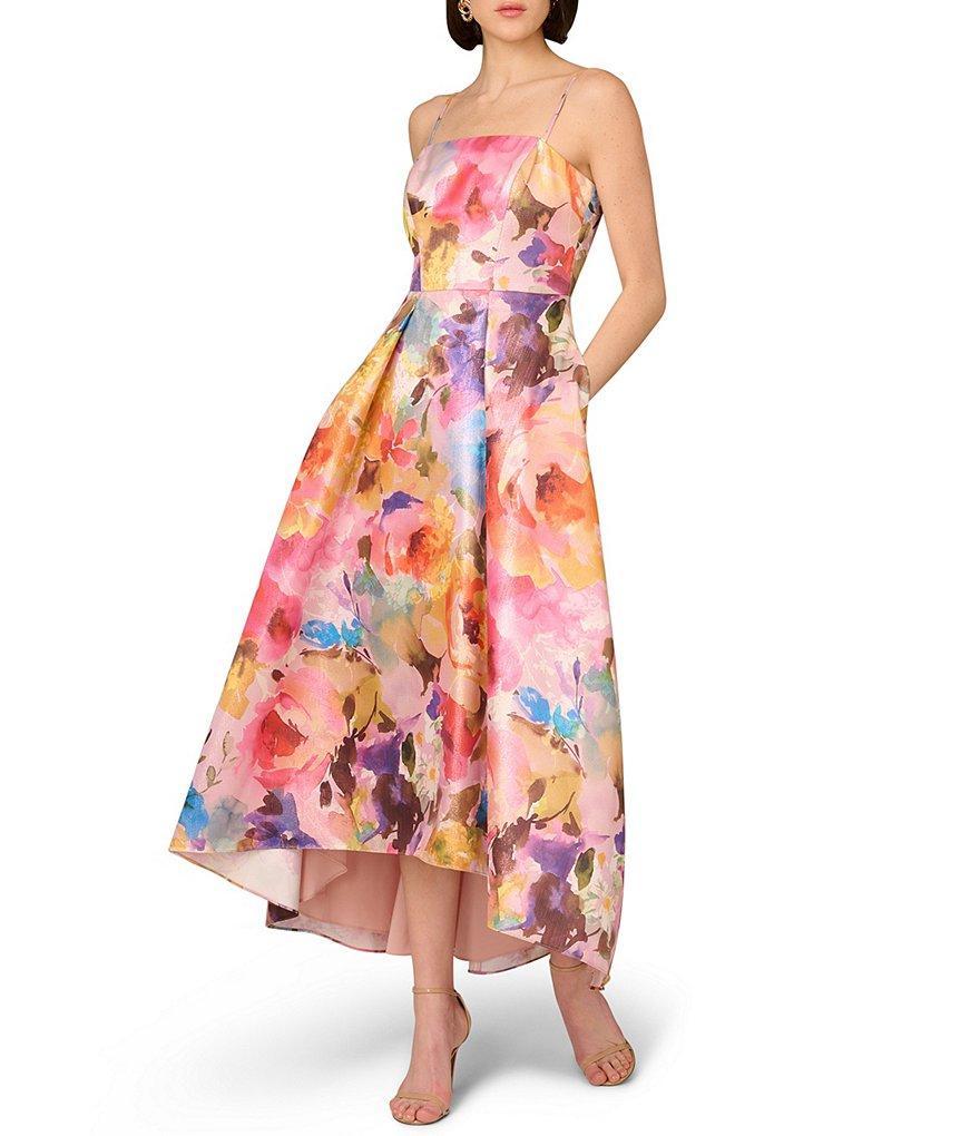 Aidan Mattox Floral Print Metallic Jacquard Square Neck Sleeveless Side Pocket Midi Dress Product Image