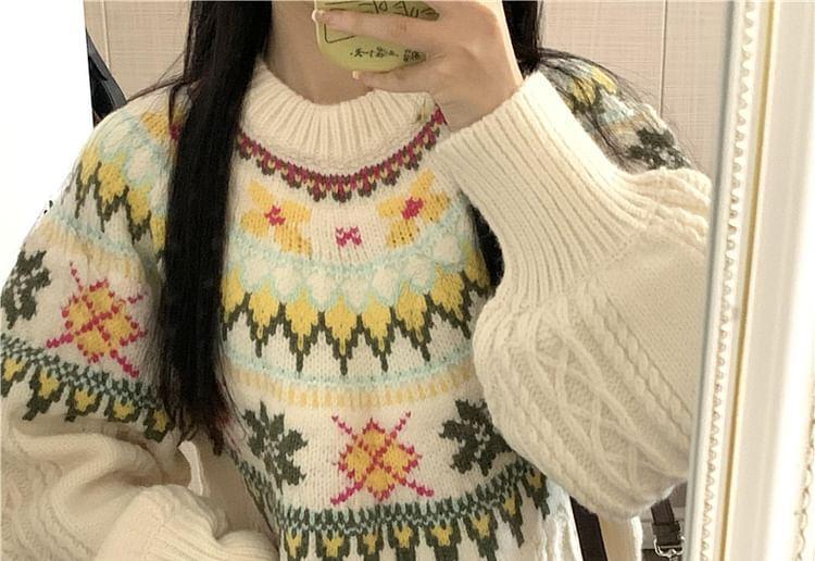 Crew Neck Patterned Oversized Sweater Product Image