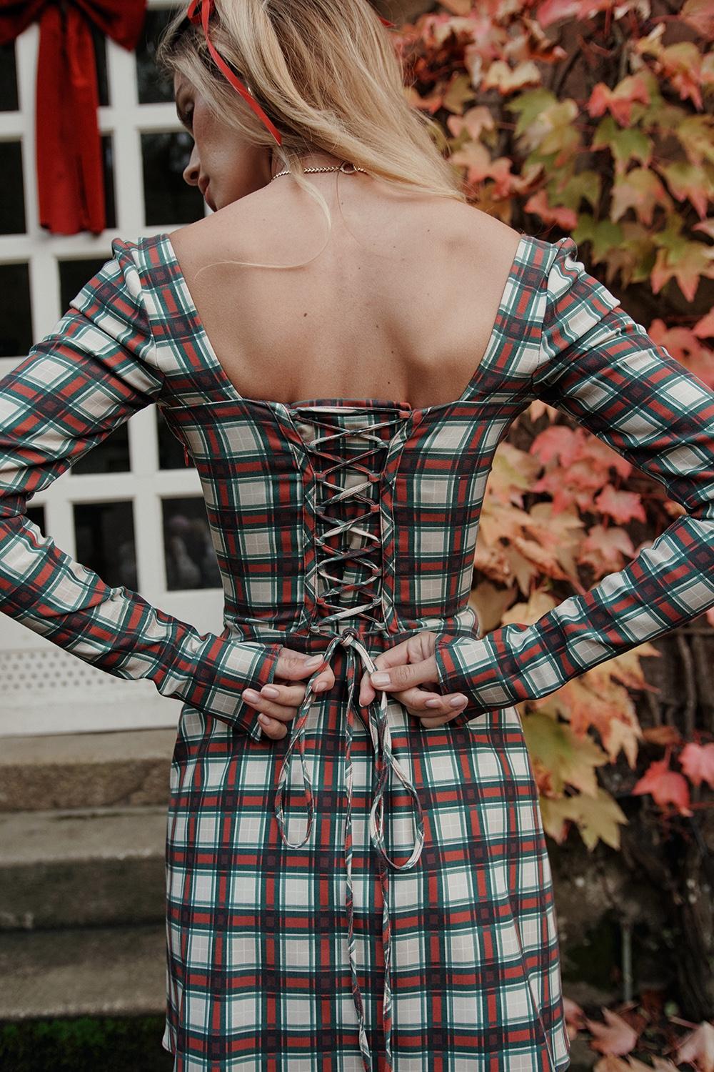 Eliza Red Tartan Corset Midi Dress - SALE Product Image