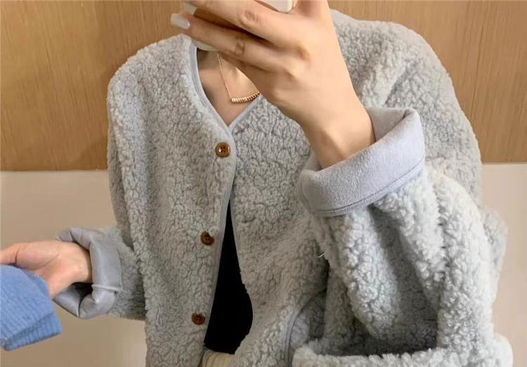 Round Neck Plain Fleece Button Jacket Product Image