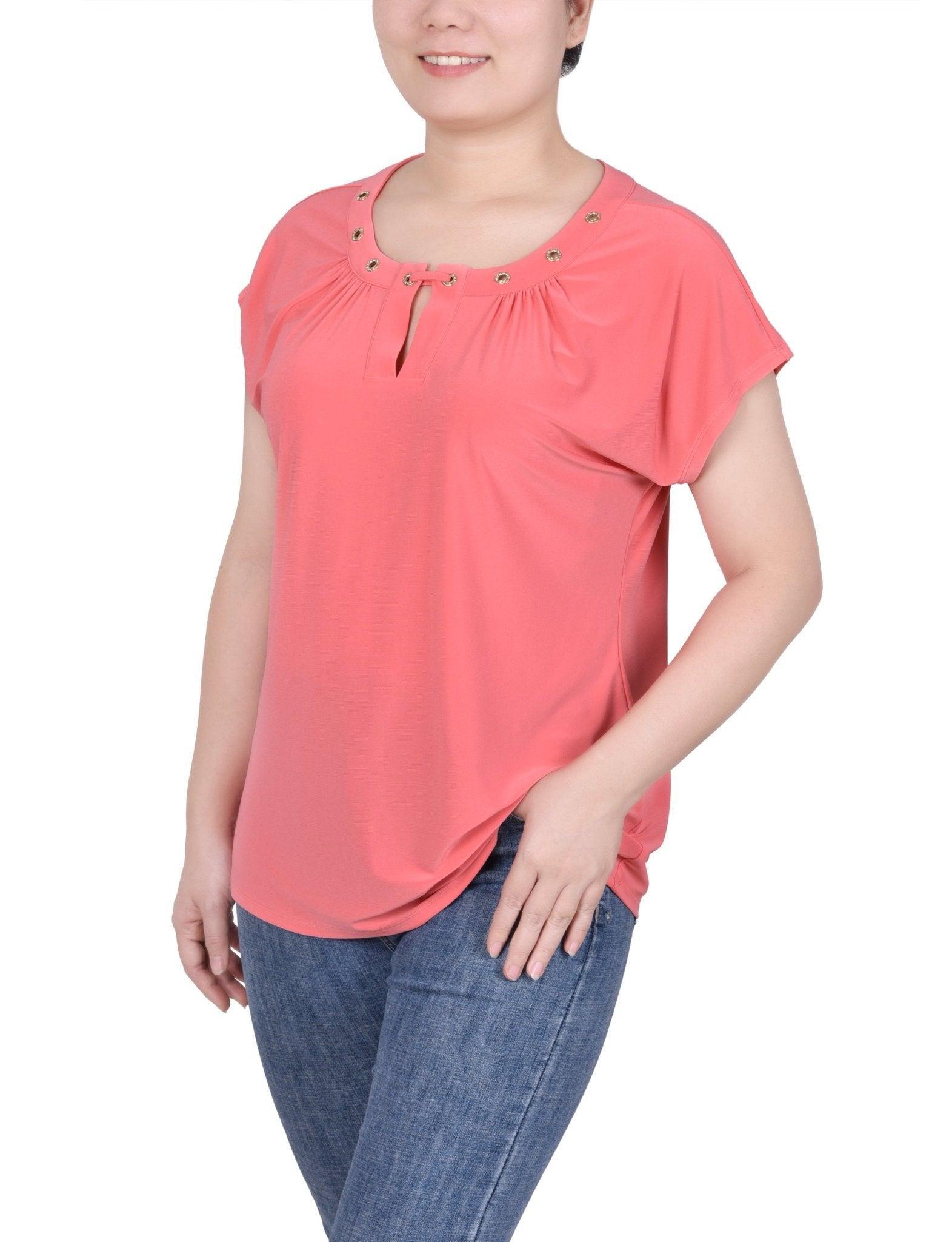 Short Extended-Sleeve Grommet Neck Knit Top - Petite Product Image