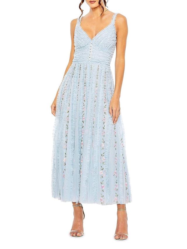 Womens Ruffled Floral Tulle Midi-Dress Product Image