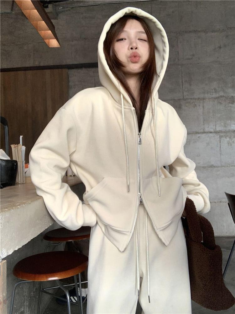 Plain Zip-Up Hoodie / Drawstring Waist Wide Leg Sweatpants Product Image