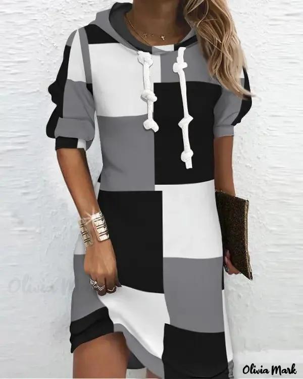 Olivia Mark – Geometric Print Hooded Long Sleeve Casual Dress Product Image