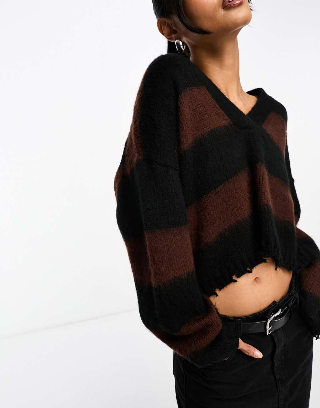 AllSaints Lou crop v neck knitted sweater in black and brown stripe Product Image