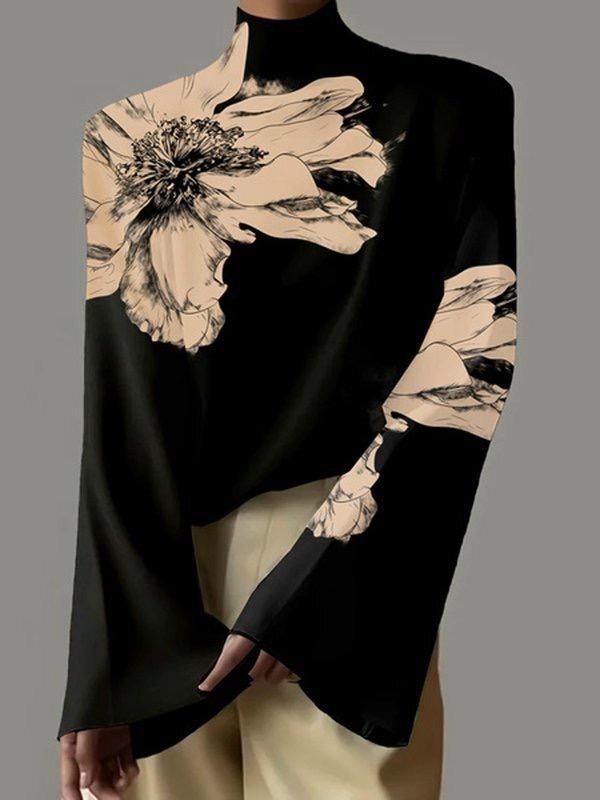 Flared Sleeves Long Sleeves Flower Print High Neck T-Shirts Tops Product Image