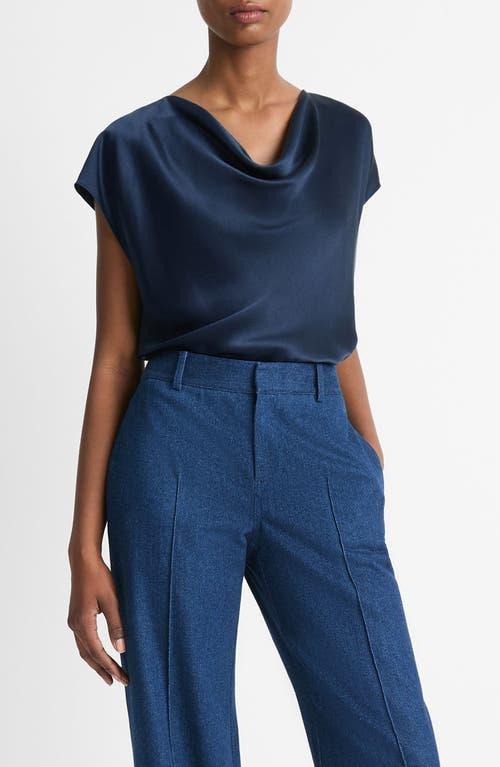 Cowl-neck Cap-sleeve Satin Blouse In Coastal Blue Product Image