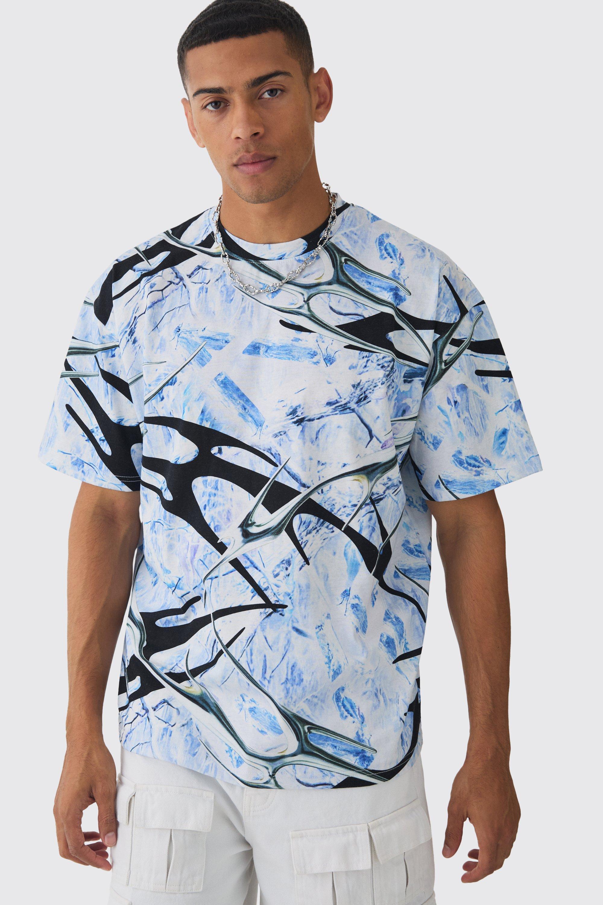 Mens Blue Oversized Extended Neck Abstract Print T-Shirt, Blue Product Image