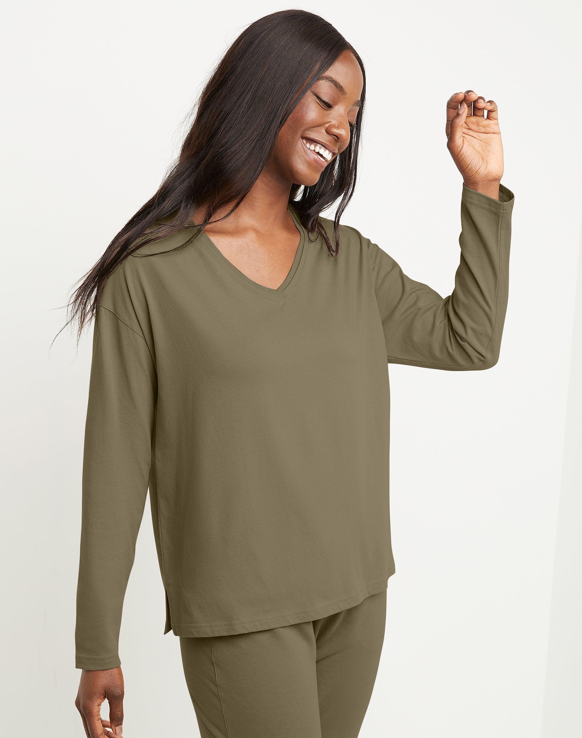 Womens Hanes Originals Long-Sleeve Raw Edge V-Neck Tee Green Product Image