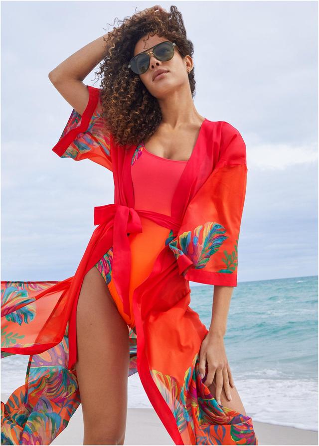 Belted Kimono Cover-Up - Tropical Sunset Border Product Image