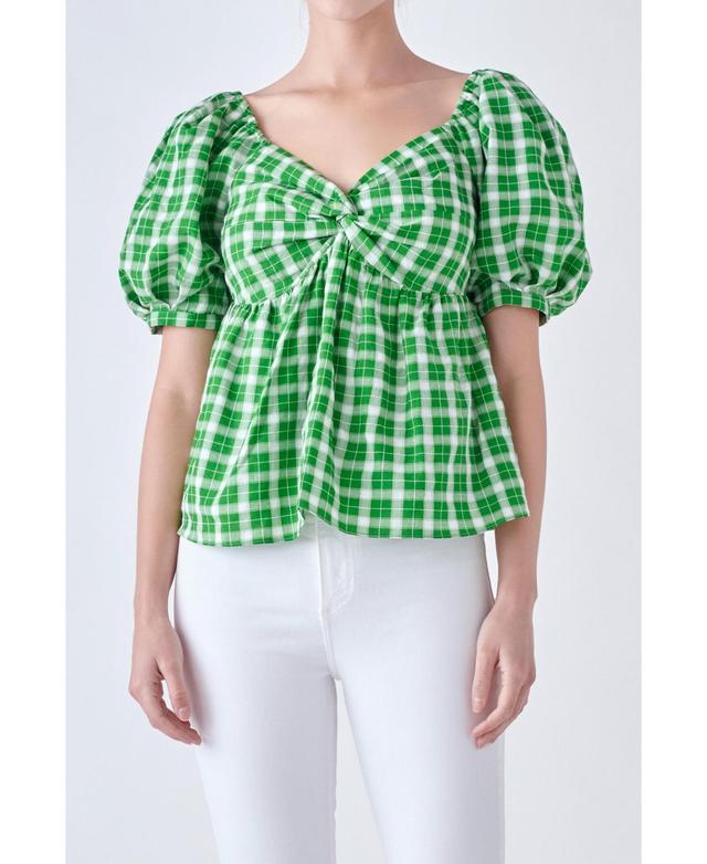 English Factory Womens Gingham Twisted Puff Sleeve Top Product Image