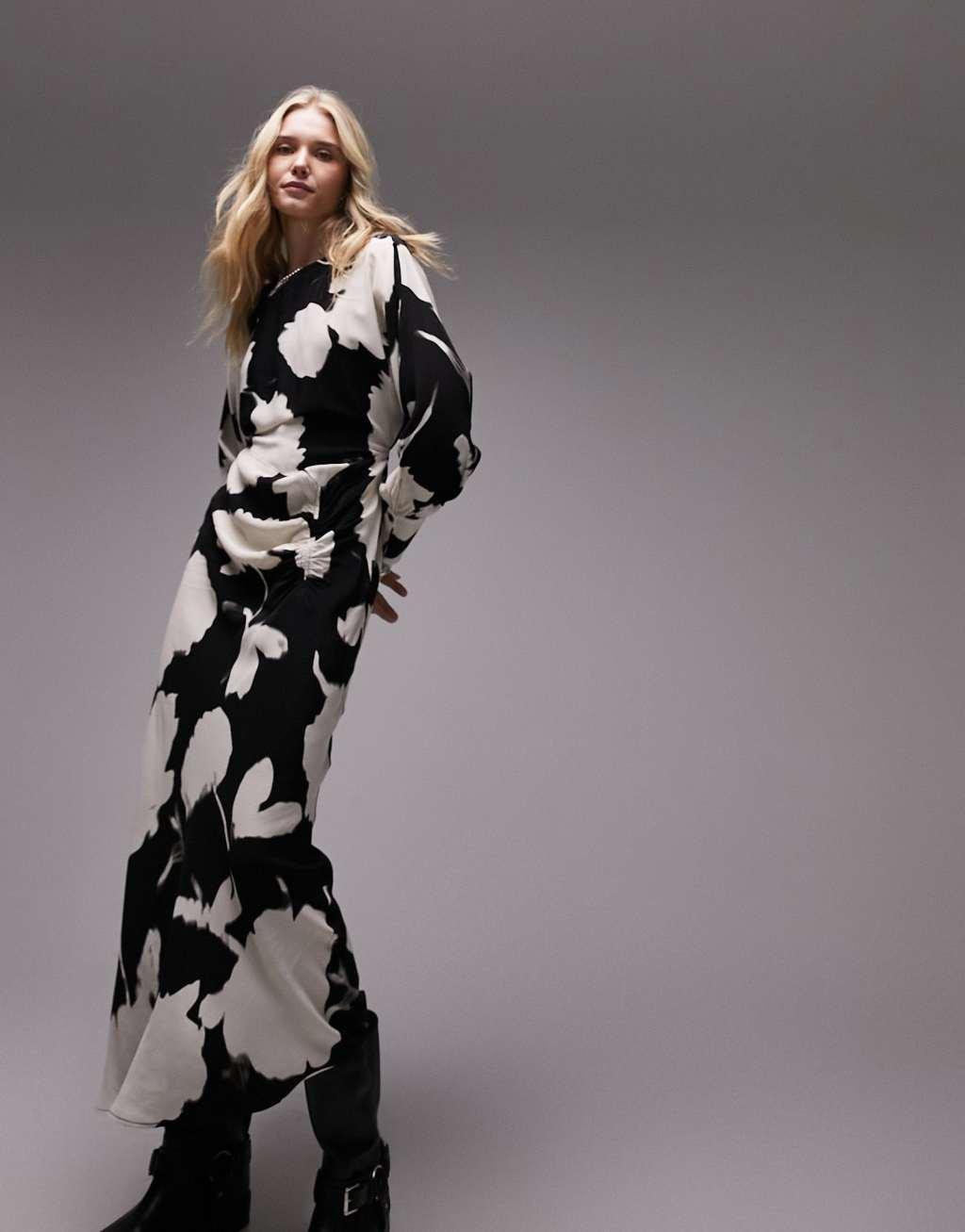 Topshop ruched front long sleeve printed midi dress Product Image