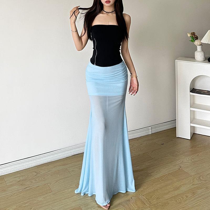 Mid Rise Plain Ruched Mesh Maxi Fishtail Skirt Product Image