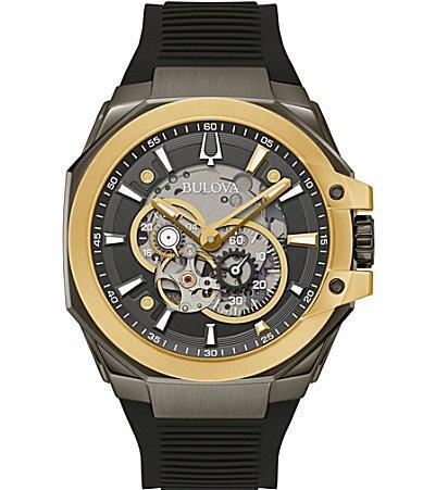 Men's Bulova Maquina Marc Anthony Gold-Tone IP Chronograph Silicone Strap Watch with Grey Skeleton Dial (Model: 98A310) Product Image