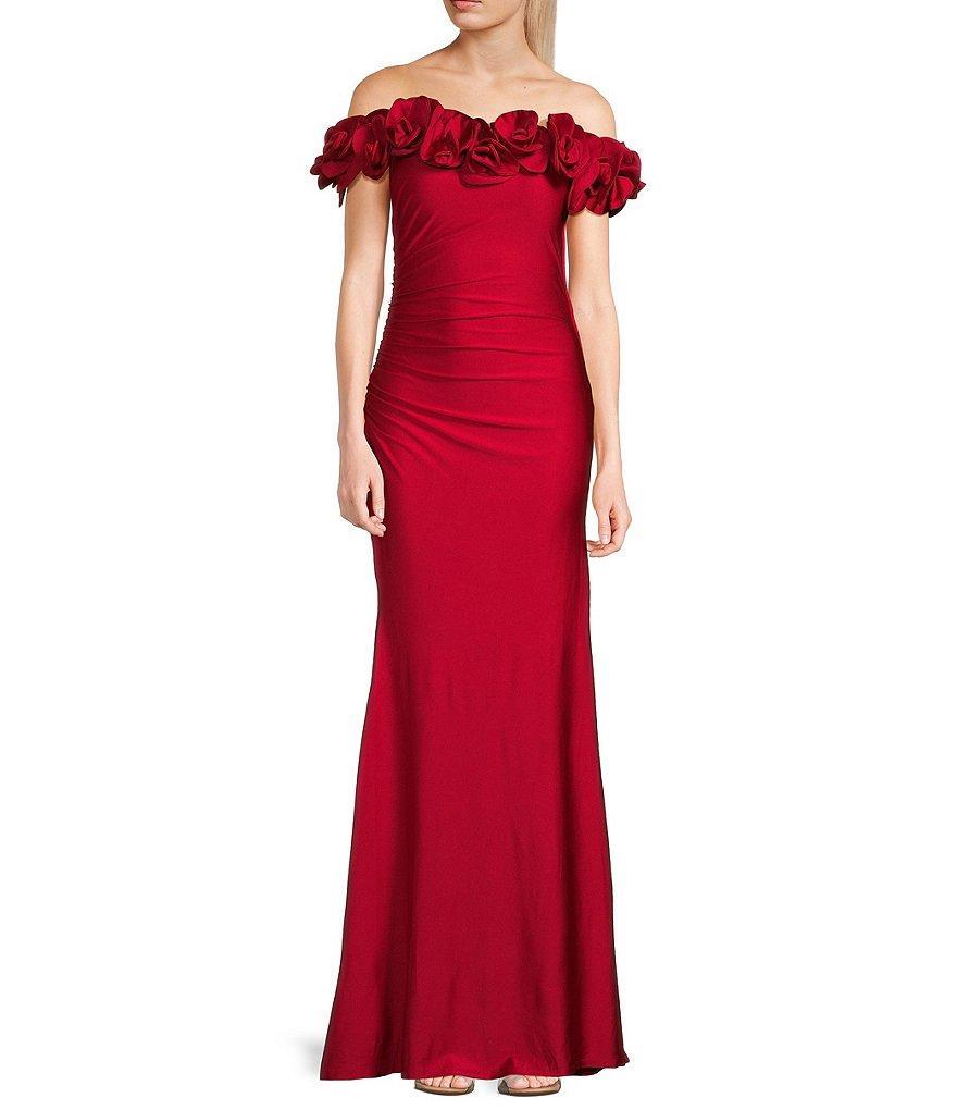 B. Darlin Off-The-Shoulder With Rosettes Side Shirring Long Tail Dress Product Image