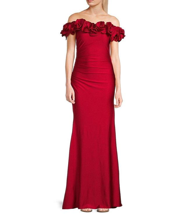 B. Darlin Off-The-Shoulder With Rosettes Side Shirring Long Tail Dress Product Image