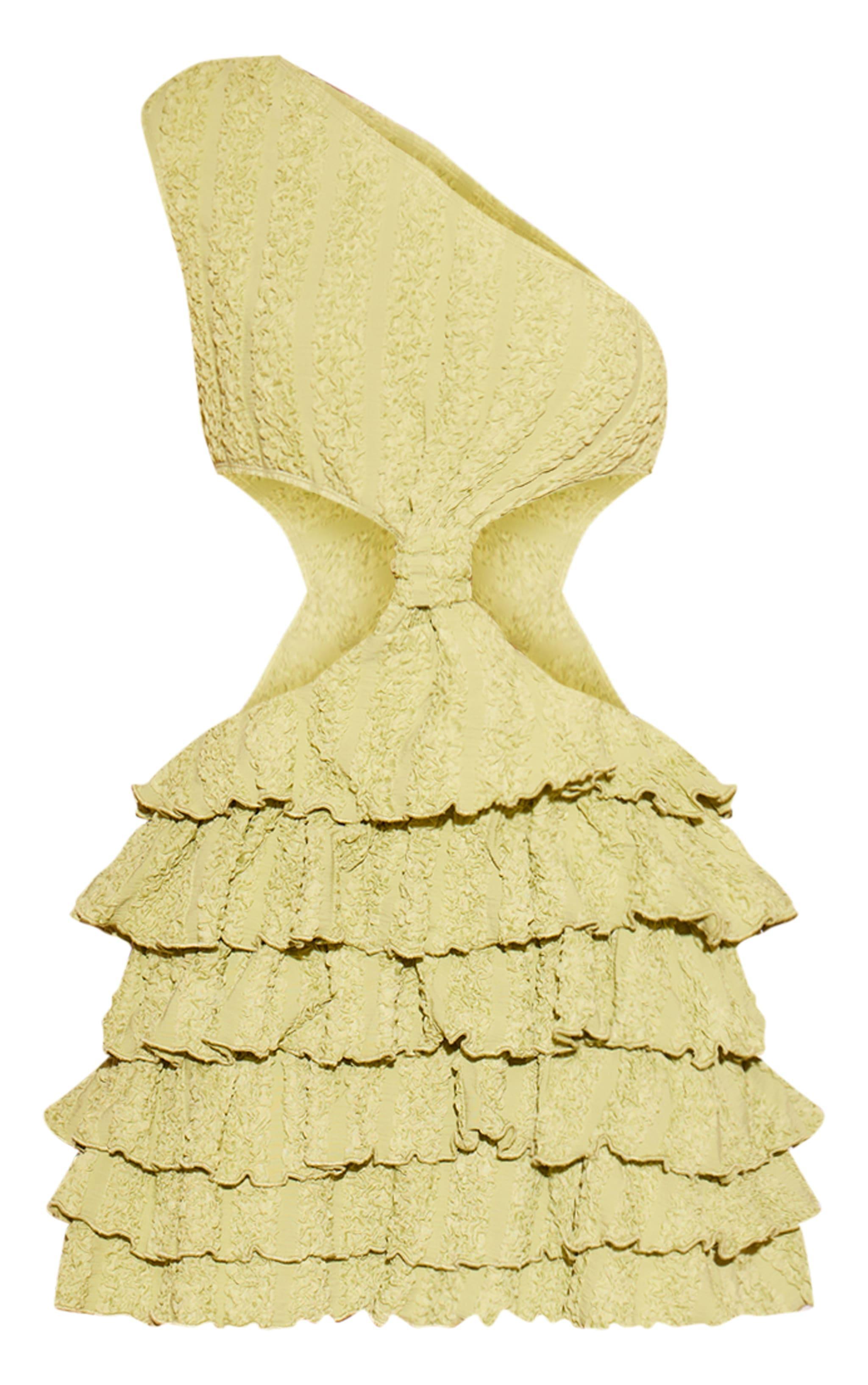 Lime Textured One Shoulder Frill Hem Mini Dress Product Image