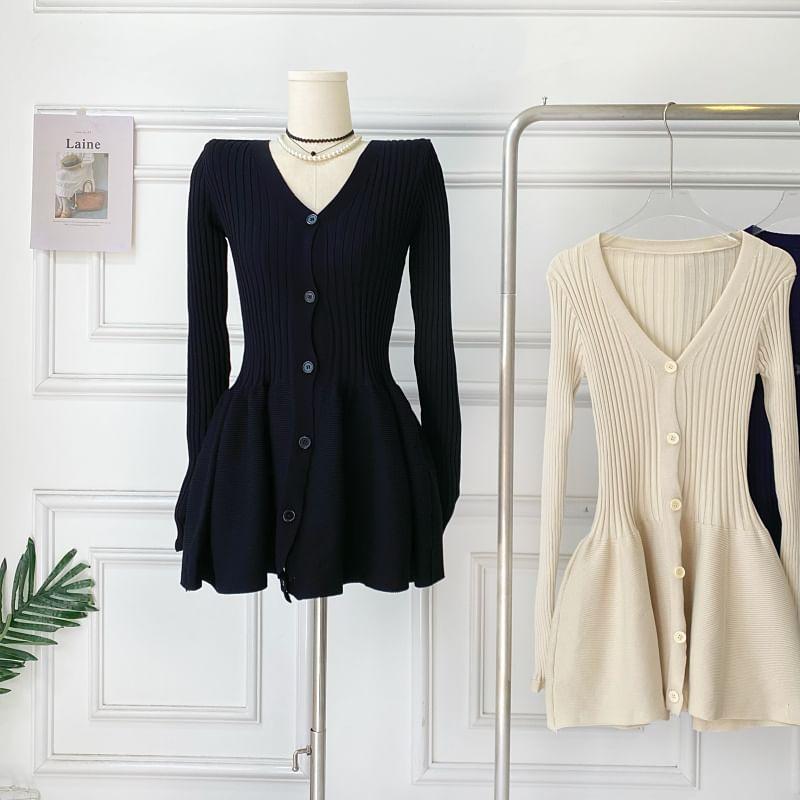 Long-Sleeve V-Neck Plain Button-Up Mini A-Line Knit Dress Product Image