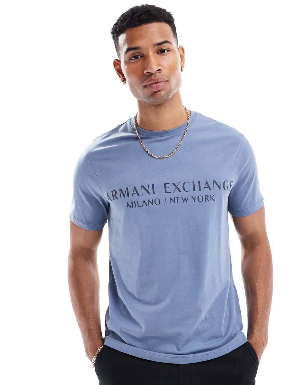 Armani Exchange text logo T-shirt in blue Product Image