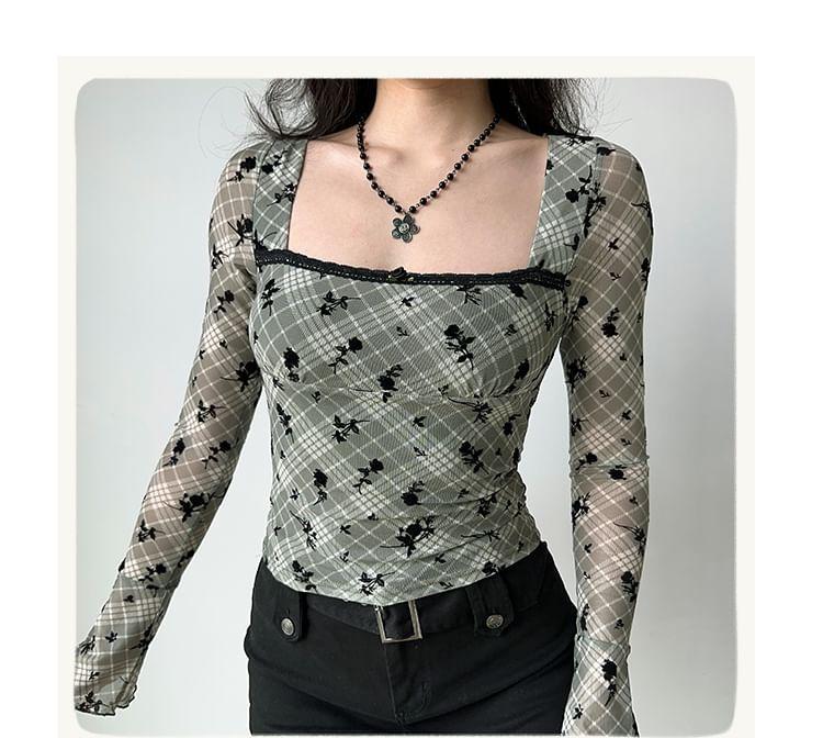 Long-Sleeve Square Neck Plaid Floral Jacquard Lace Trim Slim Fit Crop Top Product Image