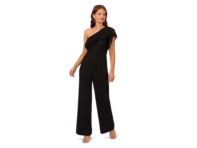 Adrianna Papell One Shoulder Ruffled Lace and Stretch Crepe Jumpsuit Women's Jumpsuit & Rompers One Piece Product Image