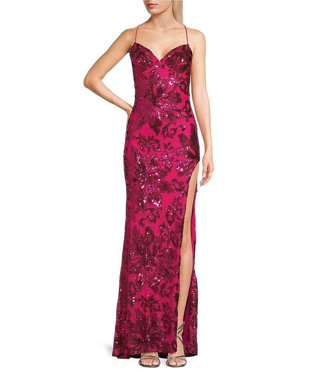 B. Darlin Pattern Sequin Front Slit Strappy Back Long Dress Product Image