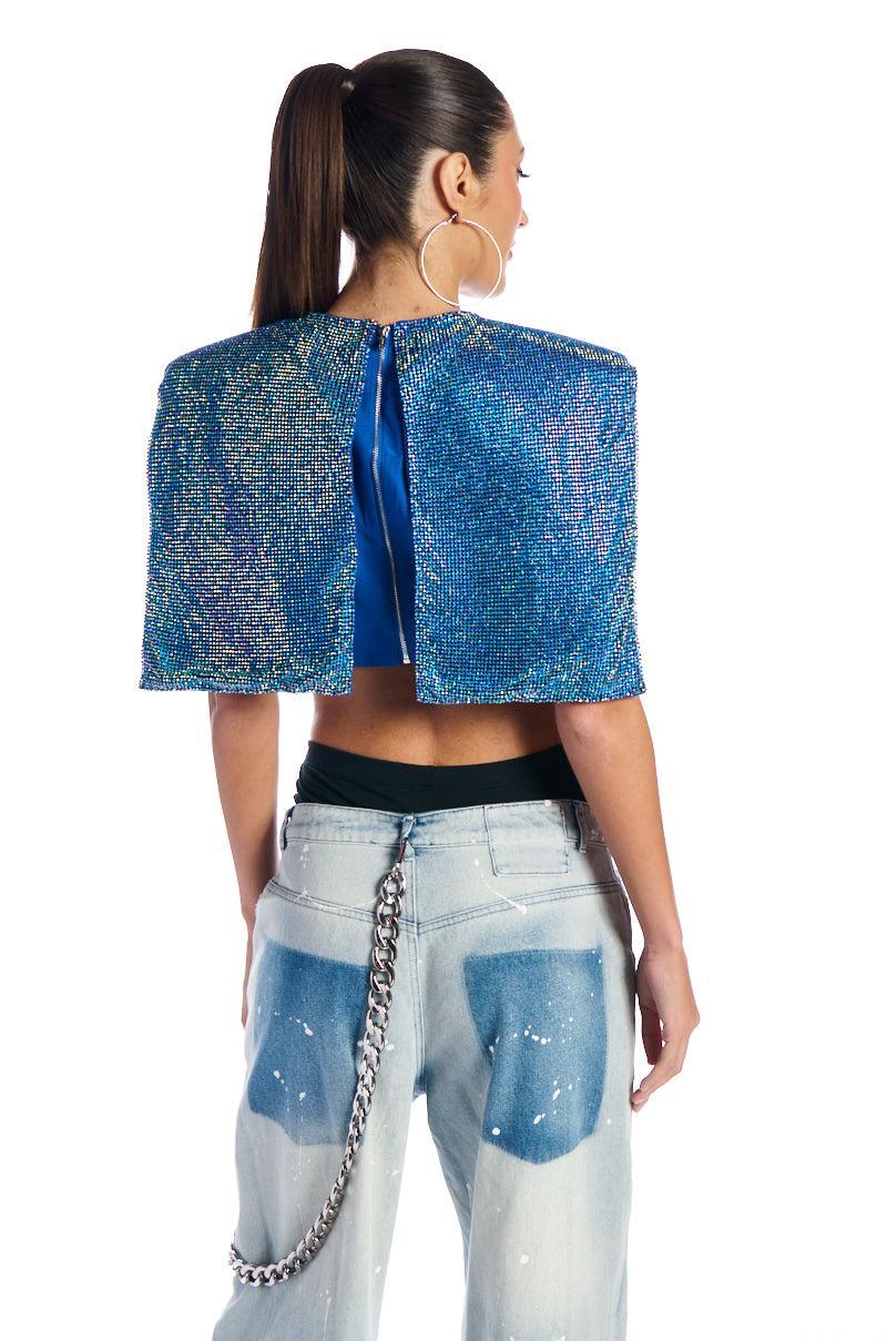 DISCO BABE SLEEVELESS RHINESTONE CROP TOP IN BLUE Product Image