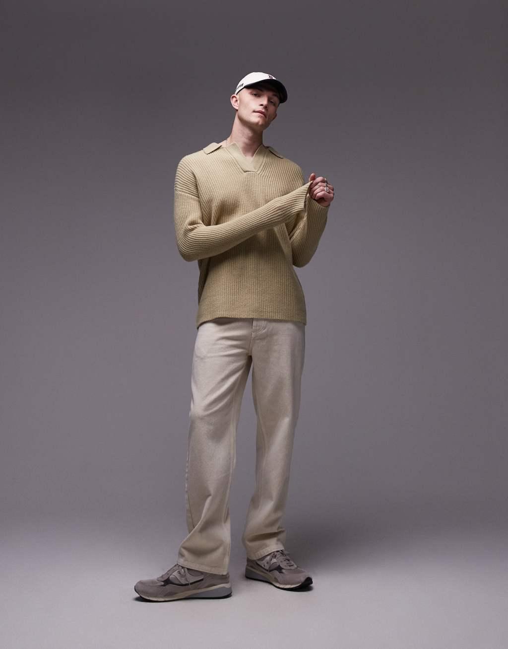 Topman premium relaxed fit lambs wool open collar sweater in khaki Product Image