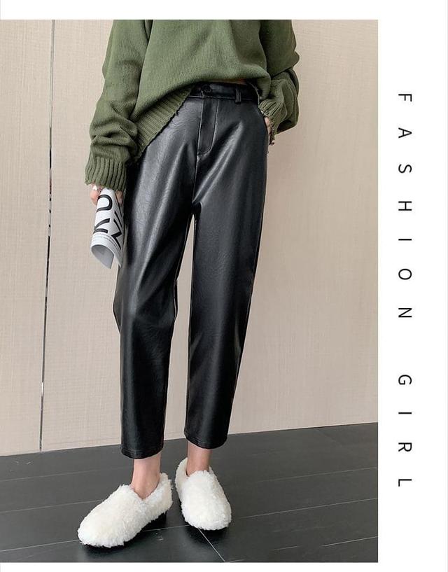 High Waist Plain Faux Leather Cropped Tapered Pants Product Image