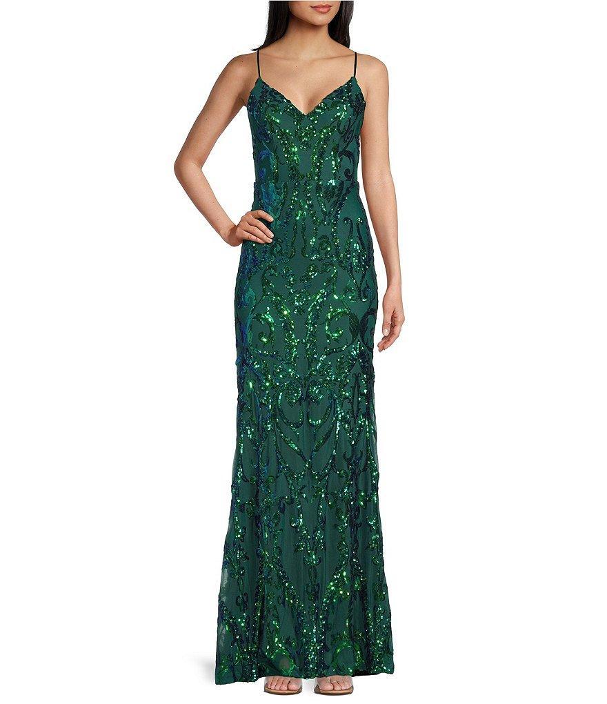 B. Darlin Sleeveless V-Neck Skirt Tail Mesh Sequin Sheath Long Dress product image