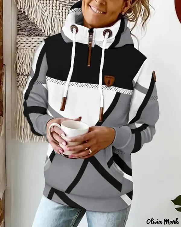 Olivia Mark – Geometric Print Long Sleeve Drawstring Hoodie Product Image