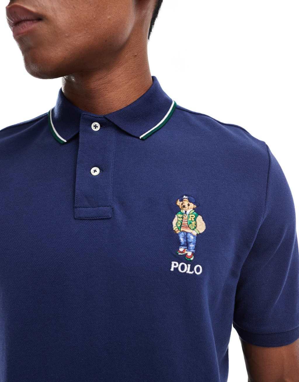 Polo Ralph Lauren varsity bear pique polo classic oversized fit in navy Product Image