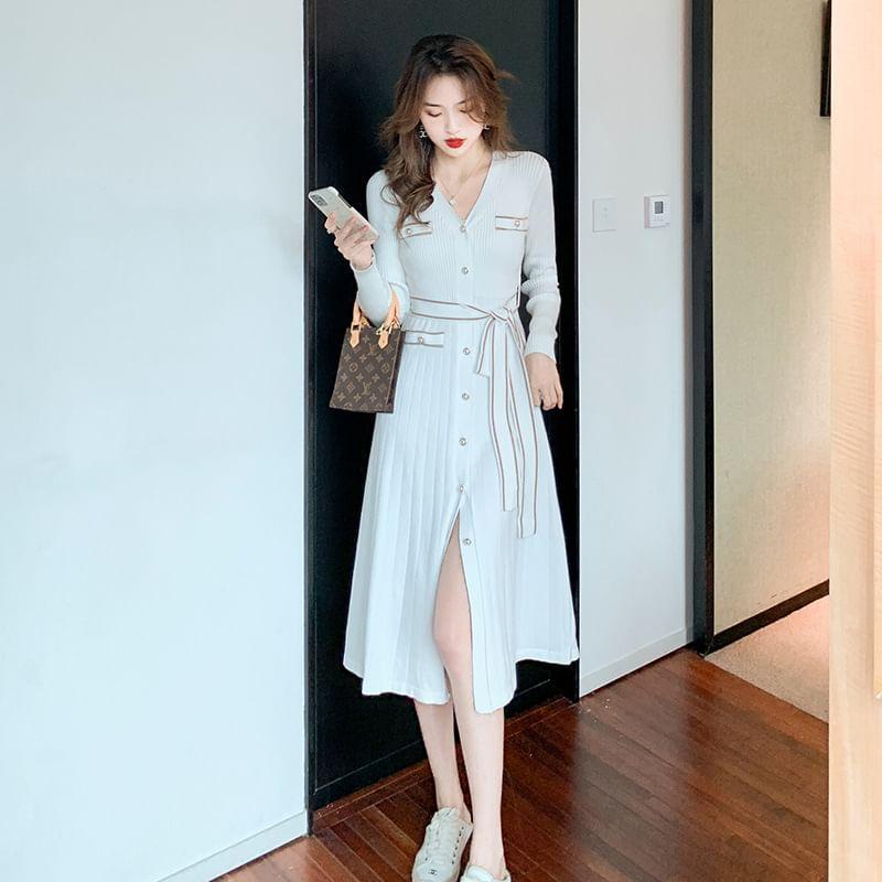 Long-Sleeve V-Neck Contrast Trim Button Ribbed Midi A-Line Knit Dress Product Image